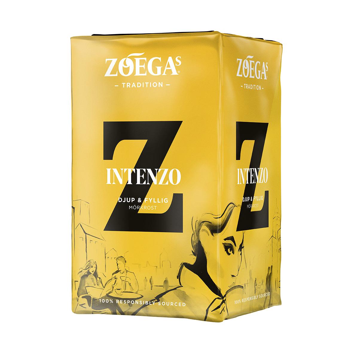 Gult kaffepaket Zoégas Intenzo Brygg 450g med svart text och illustration av en kaffekopp