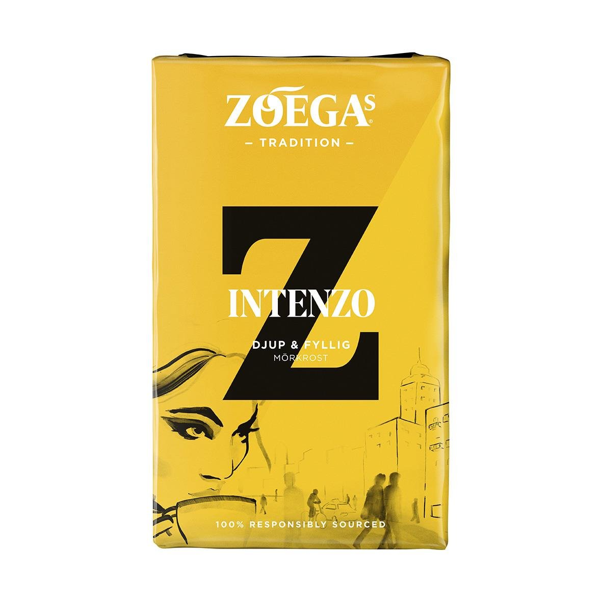 Gult paket med Zoégas Intenzo bryggkaffe 450g, med svart och vitt text och illustrationer