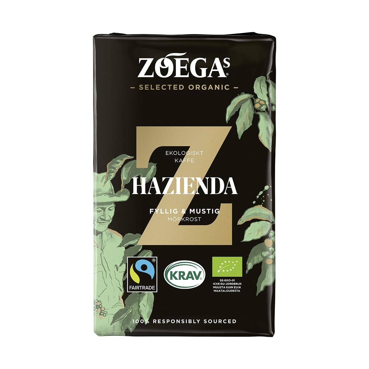 Kaffe Zoégas Hazienda Brygg 450g i svart förpackning med gröna blad och certifieringar