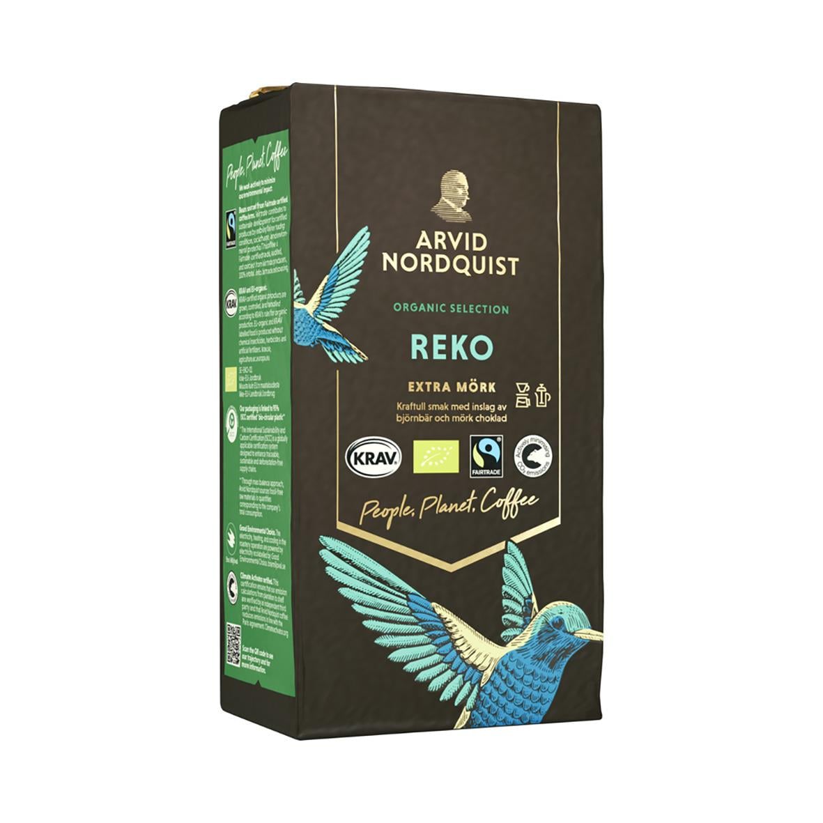 Kaffe Arvid Nordquist Reko Brygg 450g i svart förpackning med fågelillustration och certifieringslogotyper
