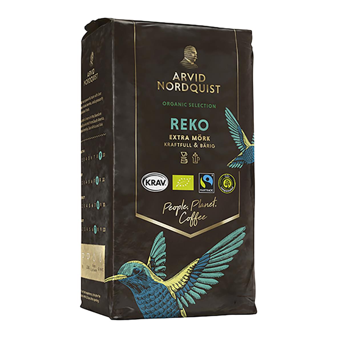 Kaffe Arvid Nordquist Reko Brygg 450g i svart förpackning med fågelillustration och certifieringslogotyper