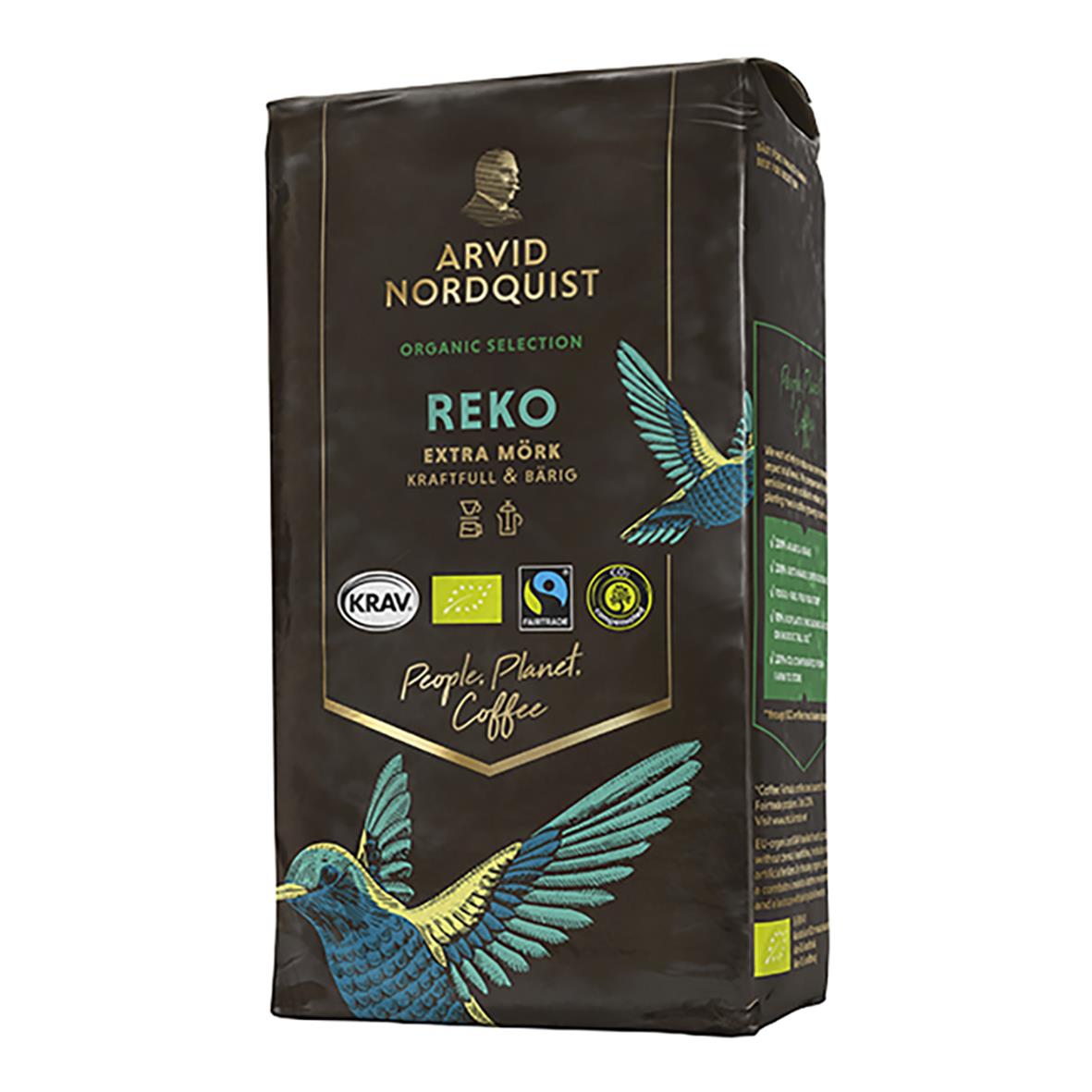 Svart kaffepaket Arvid Nordquist Reko Brygg 450g med fågelillustration och ekologiska märkningar