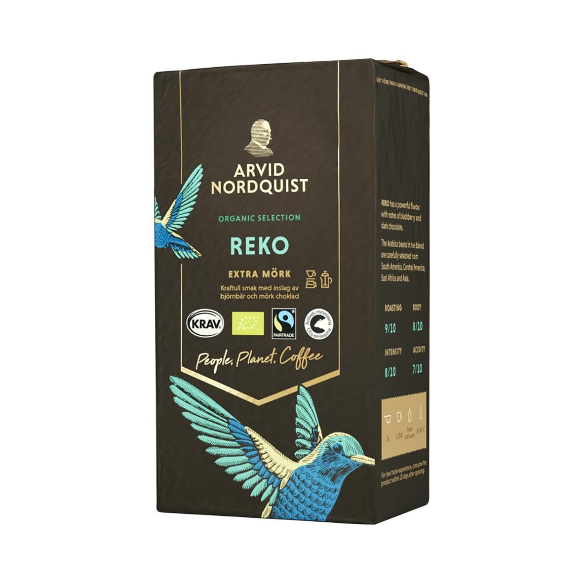Svart kaffepaket Arvid Nordquist Reko Brygg 450g med fågelillustration och ekologiska märkningar