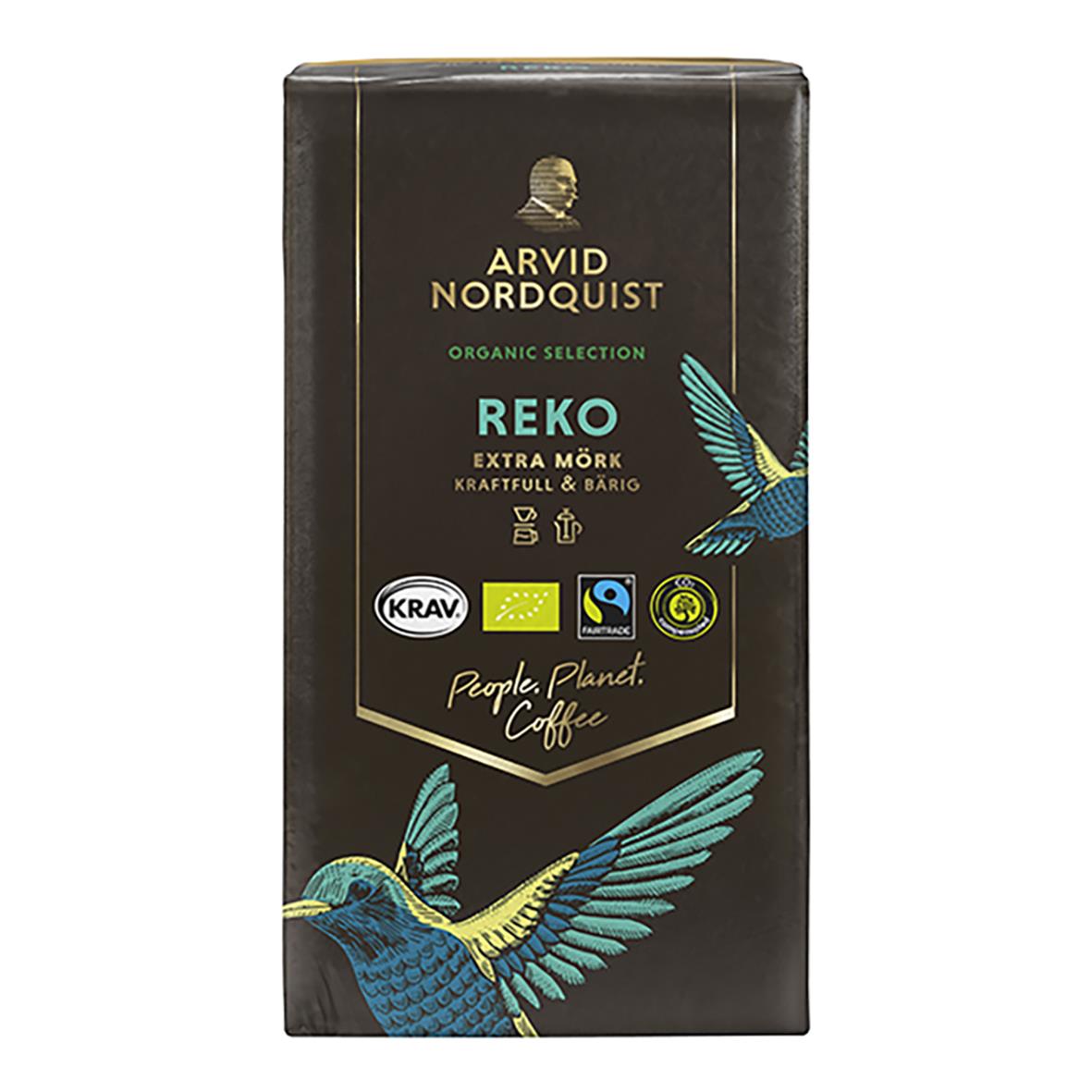 Svart kaffepaket Arvid Nordquist Reko Brygg 450g med fågelillustration och ekologiska märkningar