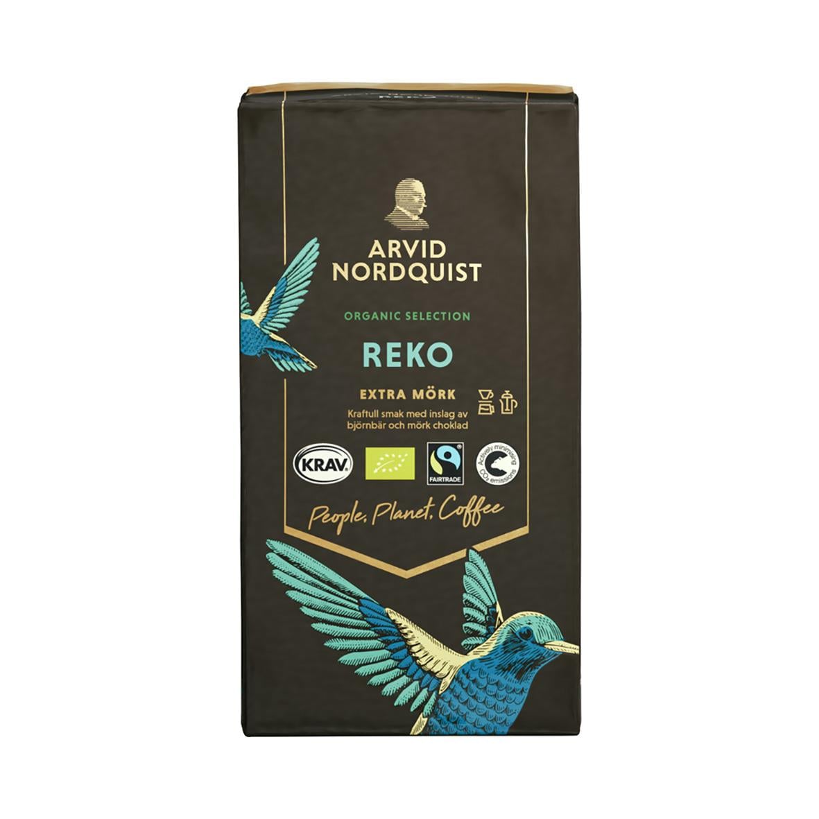 Svart kaffepaket Arvid Nordquist Reko Brygg 450g med fågelillustration och ekologiska märkningar