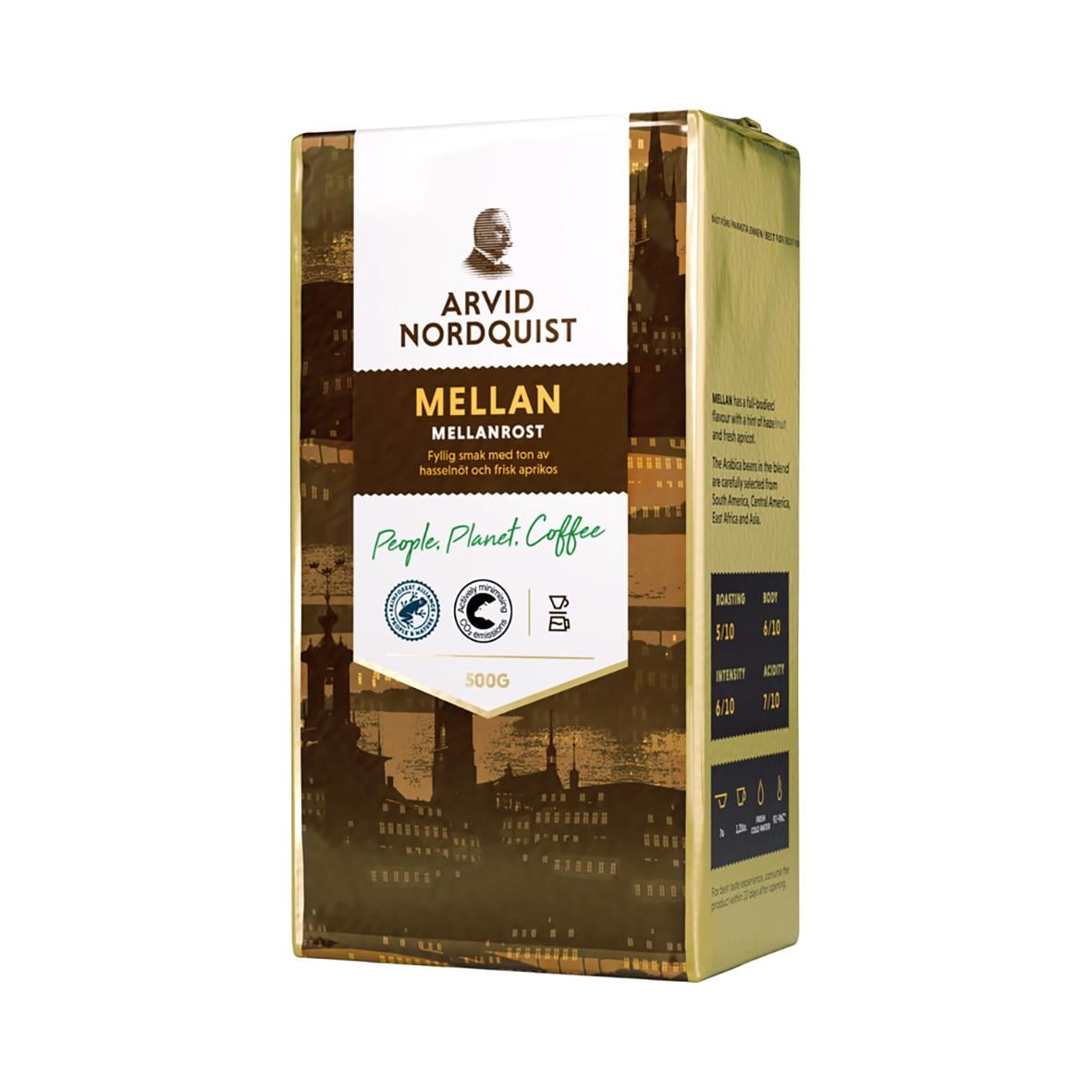 Förpackning av Arvid Nordquist Mellanrost bryggkaffe 500g