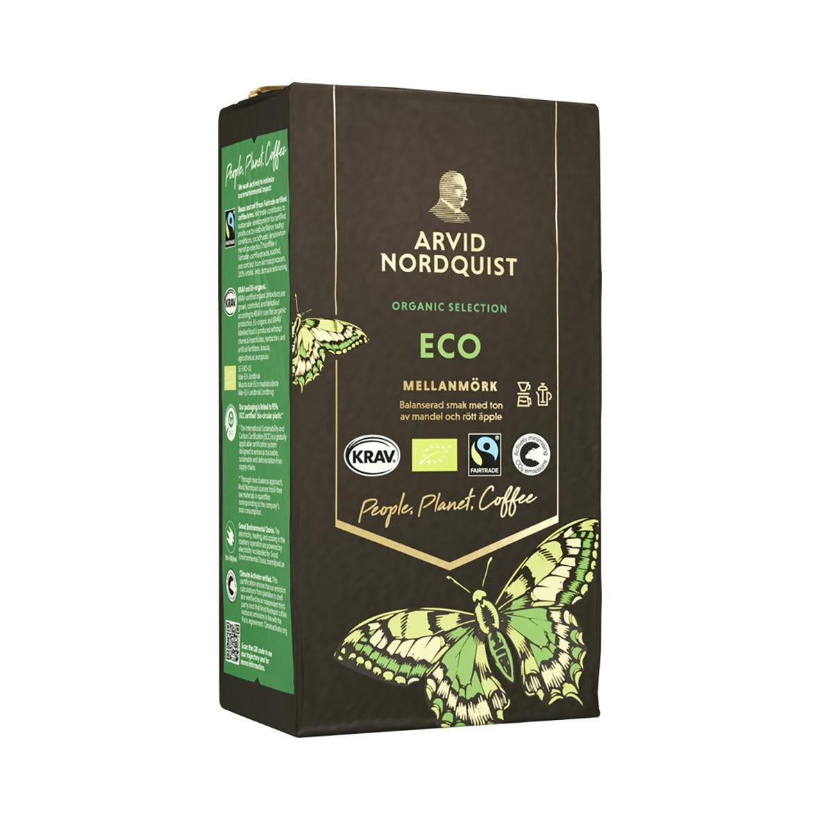 Svart kaffepaket Arvid Nordquist Eco Brygg 450g med grönt fjärilsmotiv och ekologiska märkningar
