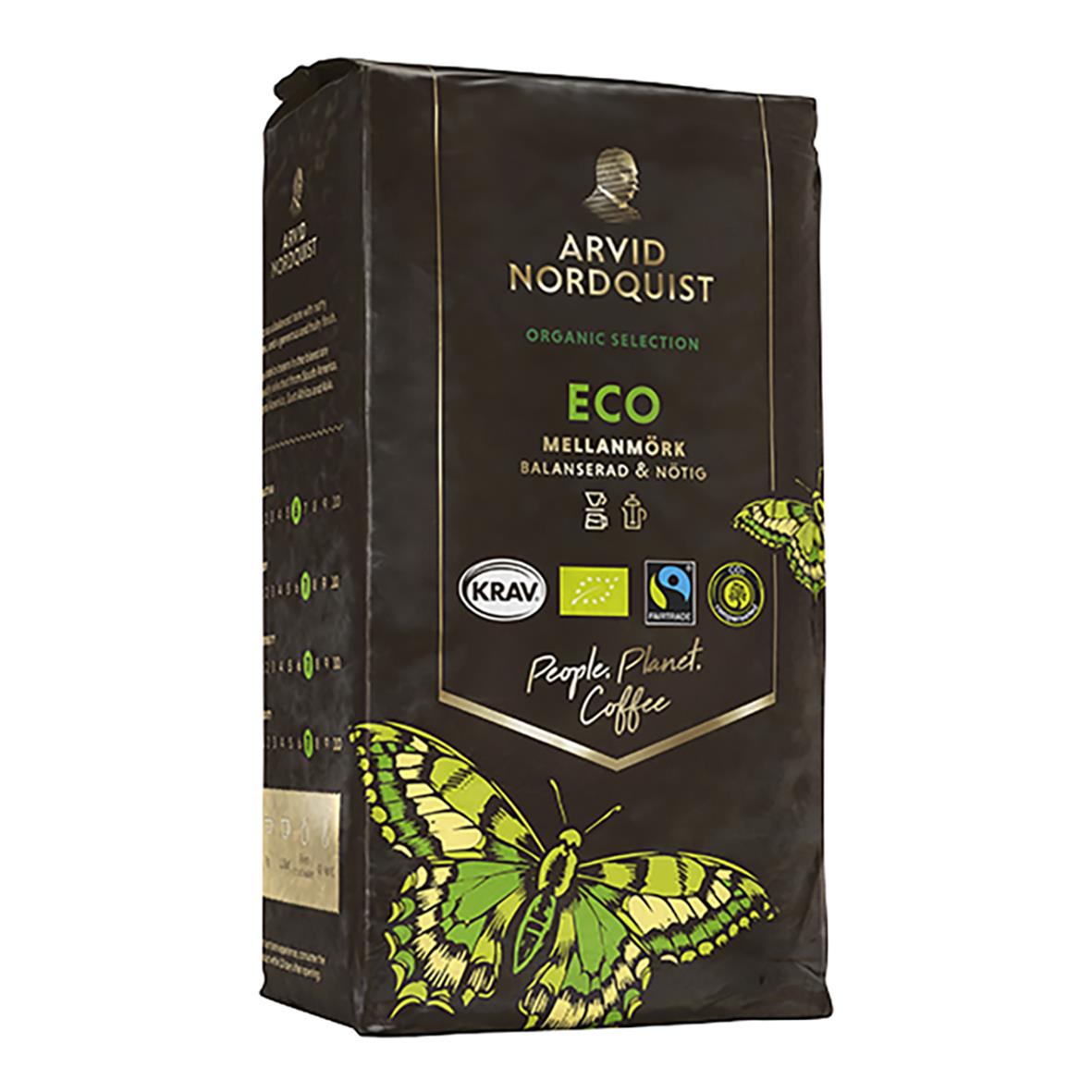 Svart kaffepaket Arvid Nordquist Eco Brygg 450g med grönt fjärilsmotiv och ekologiska märkningar