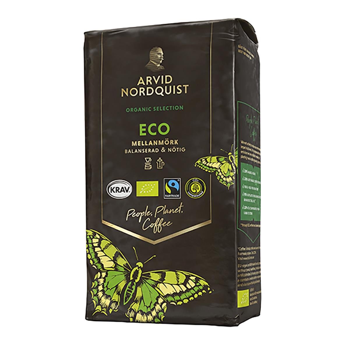 Svart kaffepåse av Arvid Nordquist Eco Brygg 450g med gröna fjärilar och ekologiska märkningar