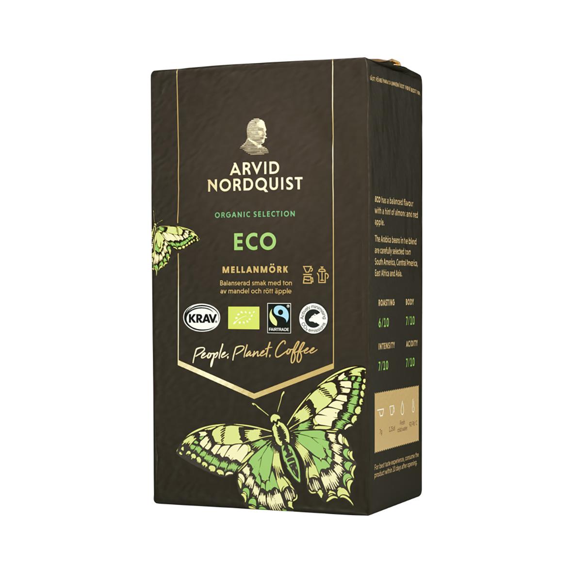 Svart kaffepåse av Arvid Nordquist Eco Brygg 450g med gröna fjärilar och ekologiska märkningar