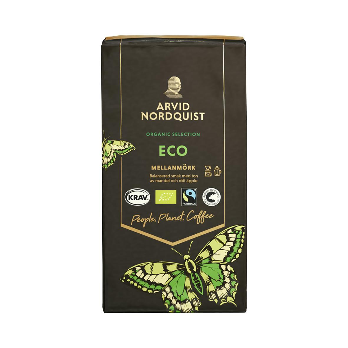 Kaffe Arvid Nordquist Eco Brygg 450g i svart förpackning med gröna och gula detaljer och fjärilsillustration