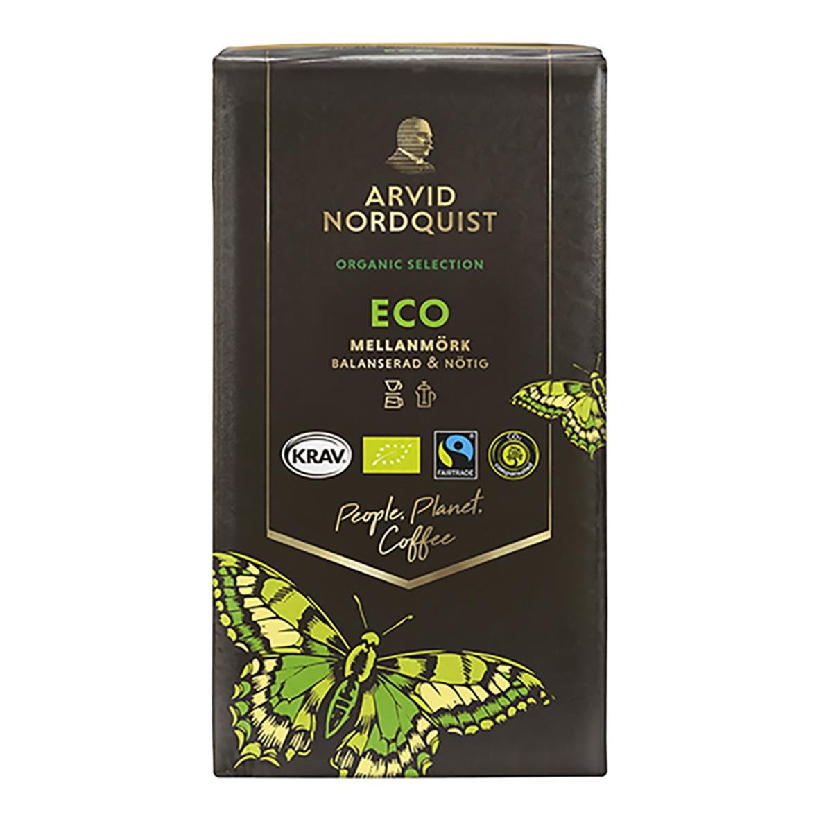 Kaffe Arvid Nordquist Eco Brygg 450g i svart förpackning med gröna och gula detaljer och fjärilsillustration