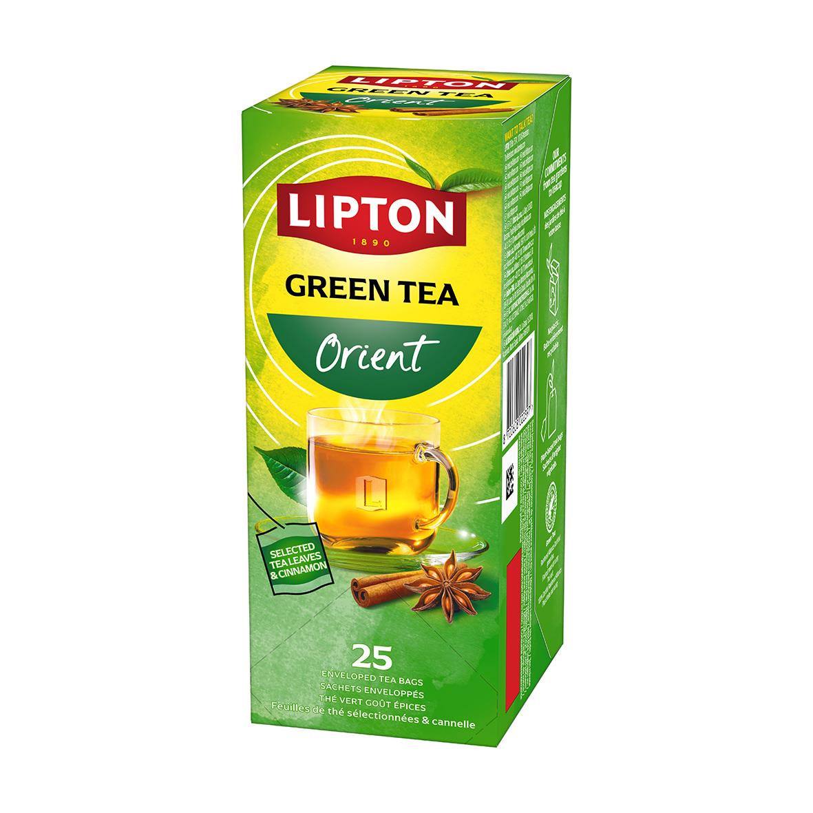 Te Lipton Green Orient, grönt te i förpackning med kanelstavar och kryddor, balanserad och smakrik