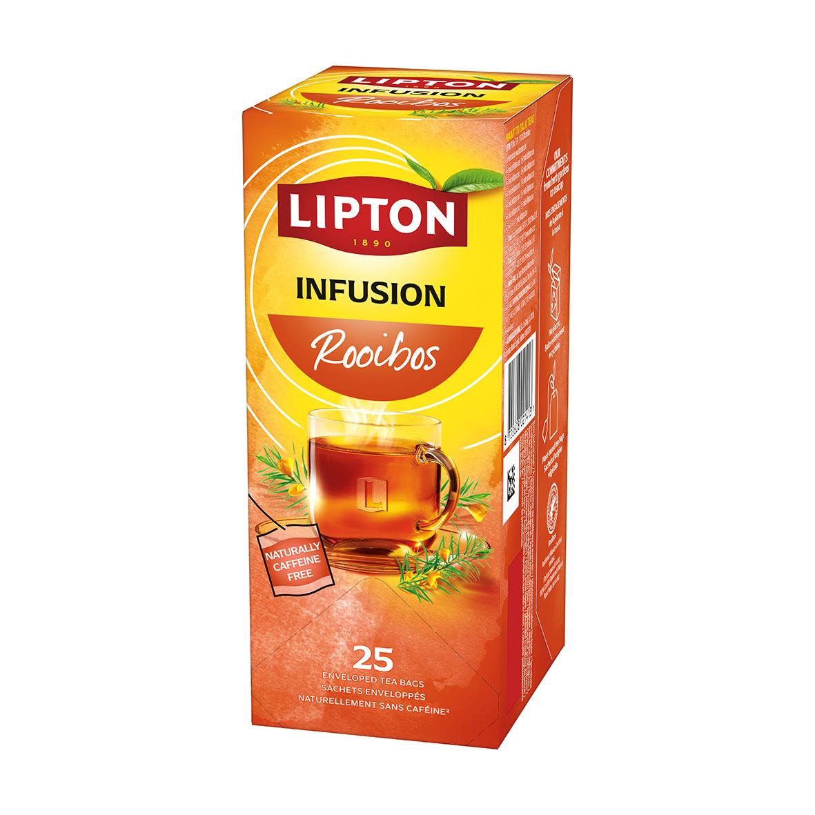 Lipton Rooibos te i rött förpackning med gröna växter och citron, text om avkoppling och 25 tepåsar