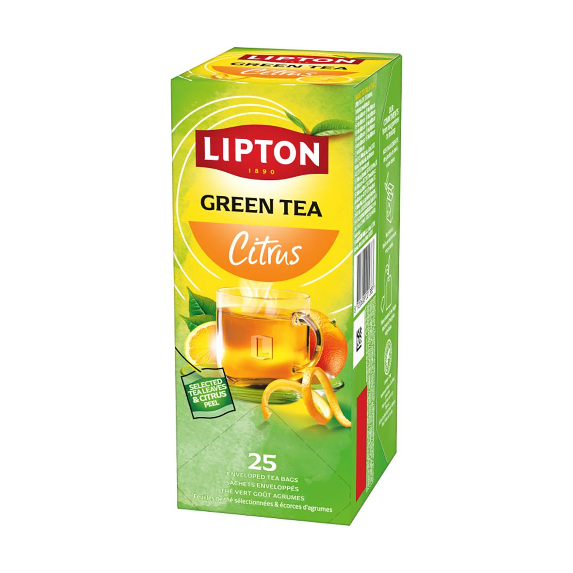 Te Lipton Green Citrus te i grönt förpackning med citron och citrusfrukter, text om balanserad grönt te och 25 tepåsar