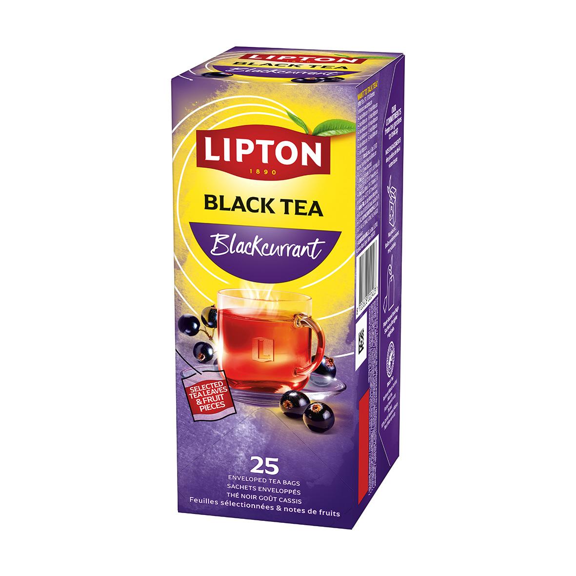 Lipton Blackcurrant te i rosa förpackning med svarta vinbär och gröna blad, text om uppfriskande svart te och 25 tepåsar