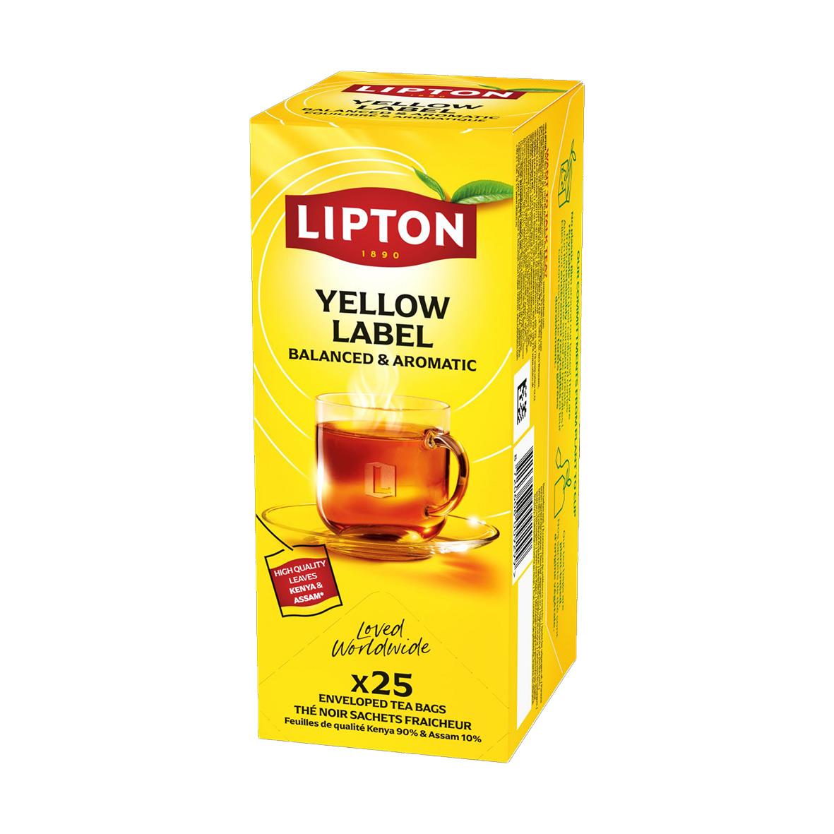 Te Lipton Yellow Label te i gul kartong med bild av tekopp och teblad