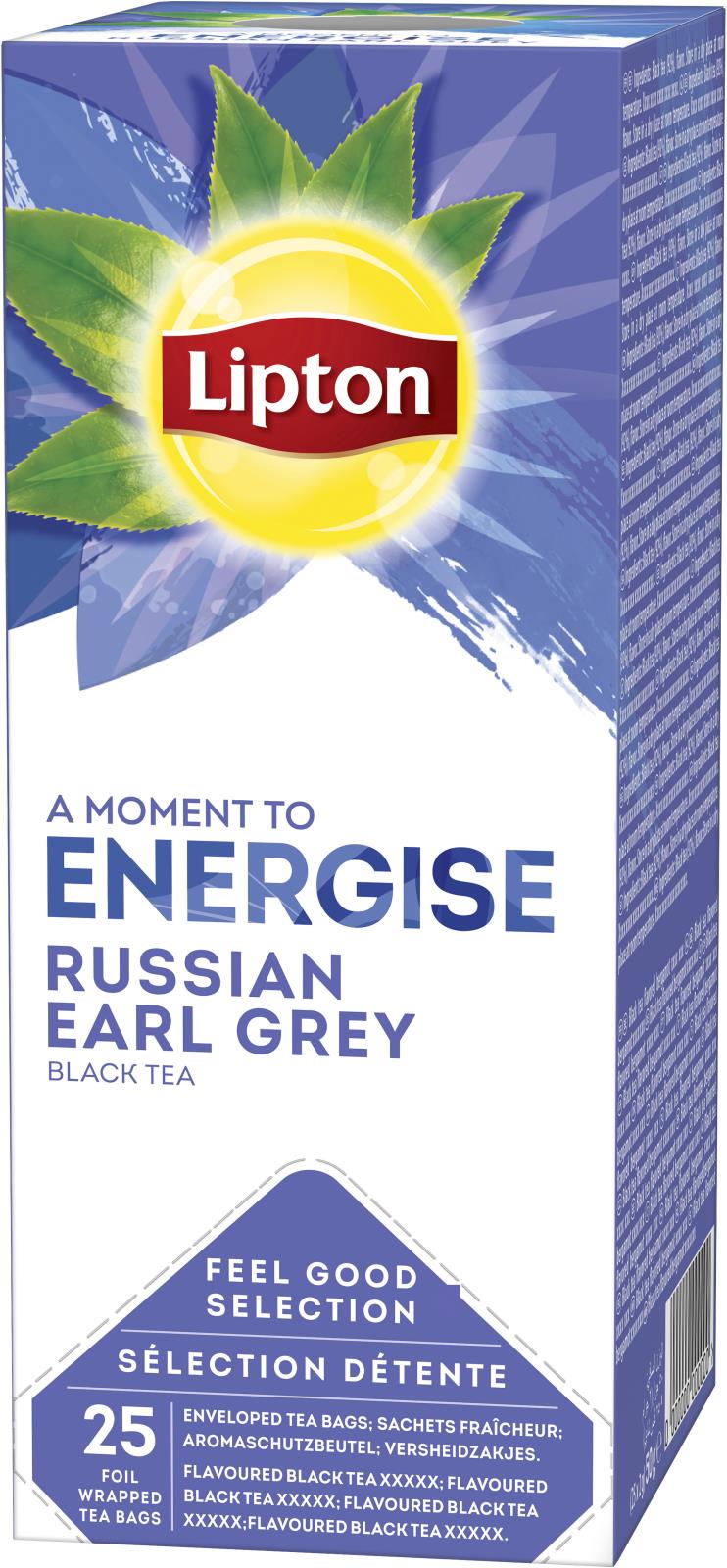 Lipton Russian Earl Grey svart te i blått förpackning med gröna teblad och solmotiv