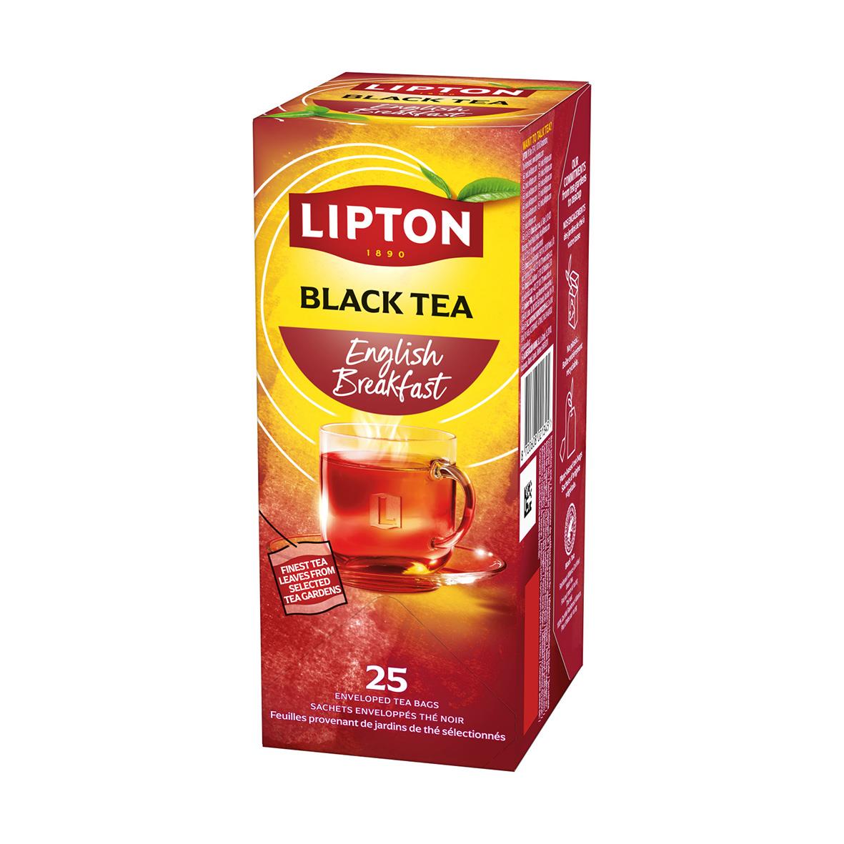 Förpackning av Lipton English Breakfast svart te med gröna teblad och energigivande text