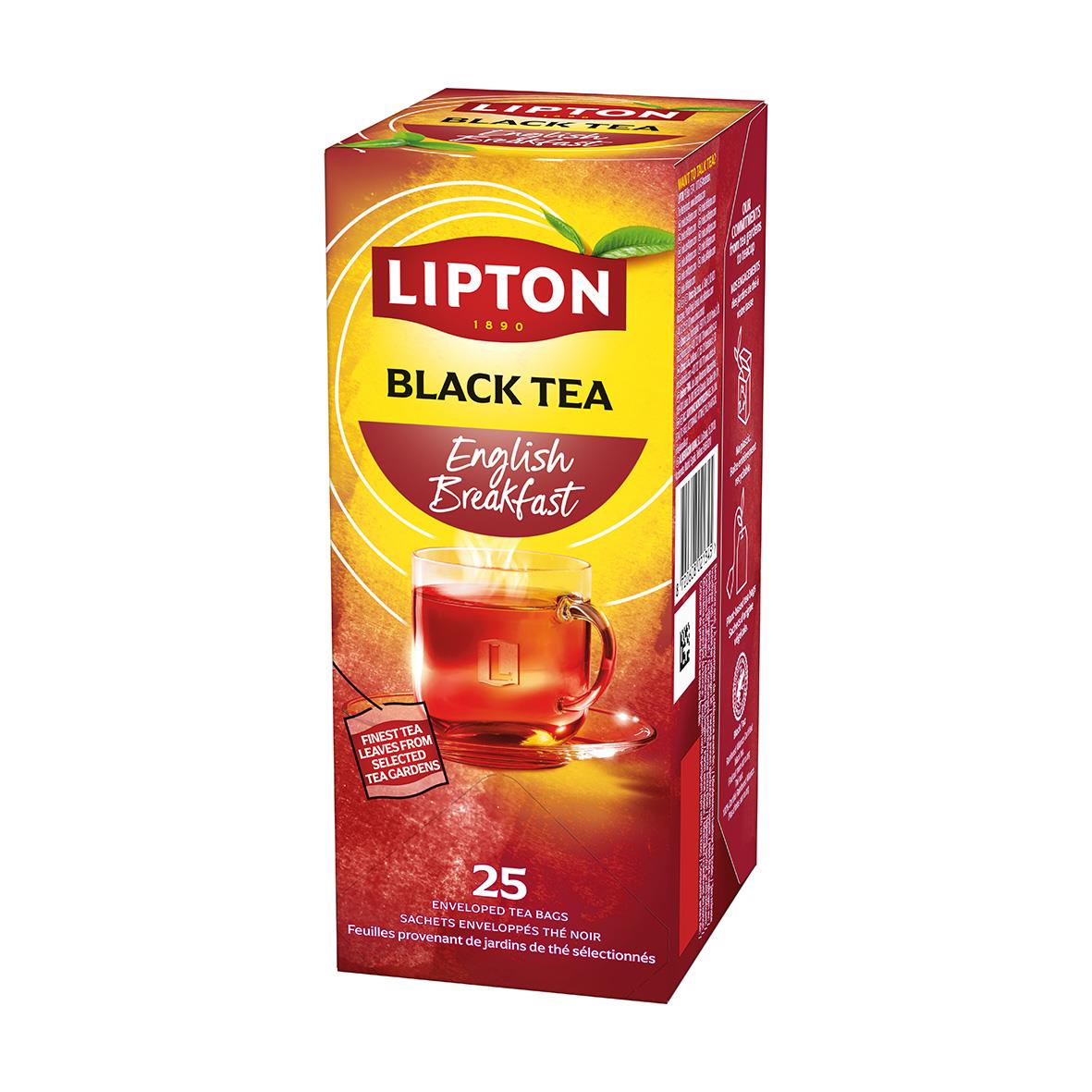 Förpackning av Lipton English Breakfast svart te med gröna teblad och energigivande text
