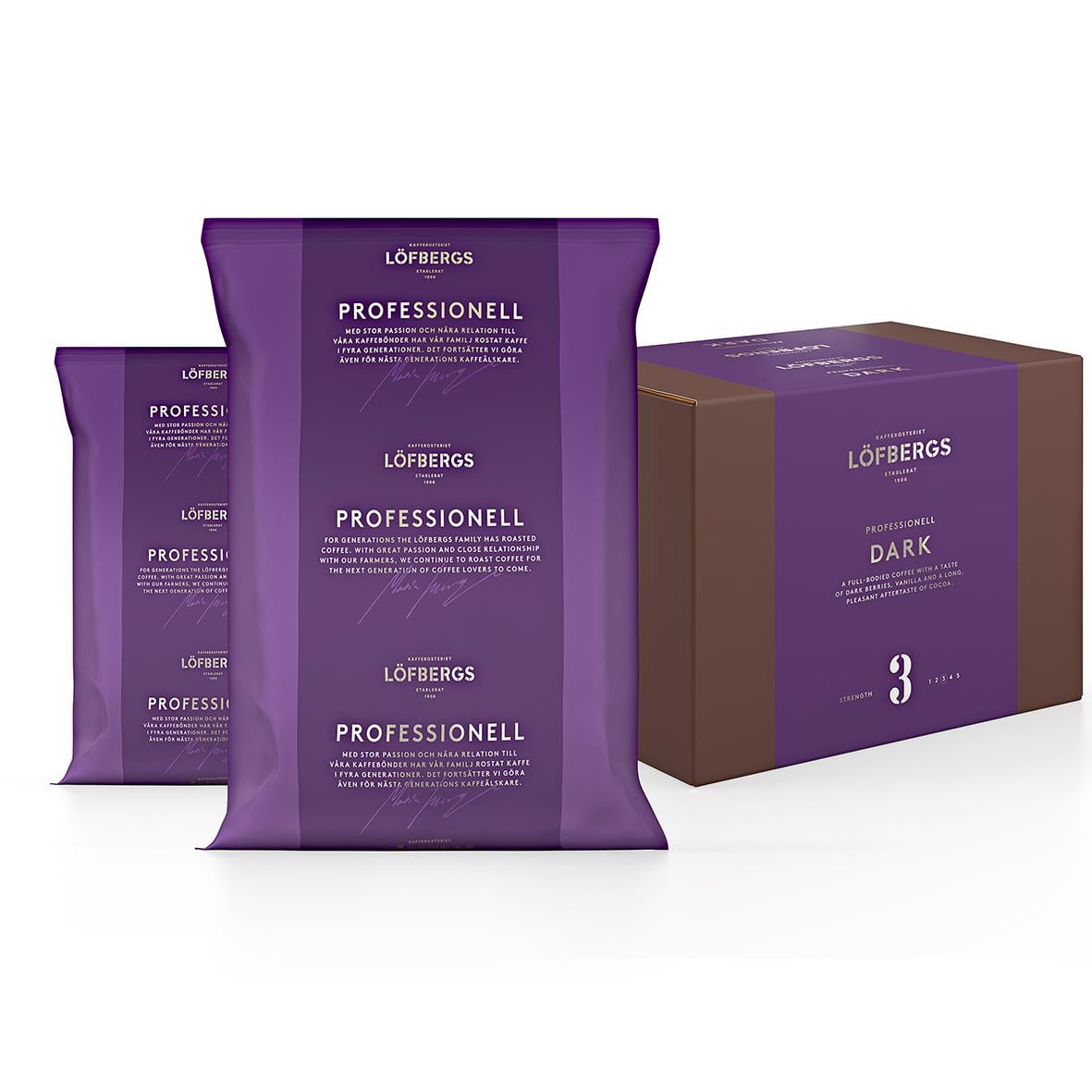 Löfbergs Dark Kannbrygg kaffe i 100g förpackning med två påsar och en box
