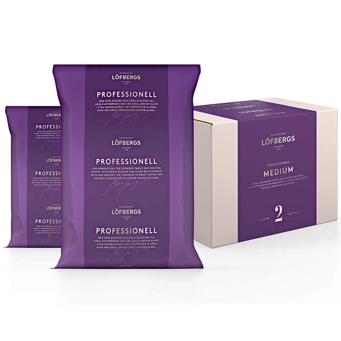 Kaffe Löfbergs Dash of Dark hela bönor 1000g i purple förpackning och box