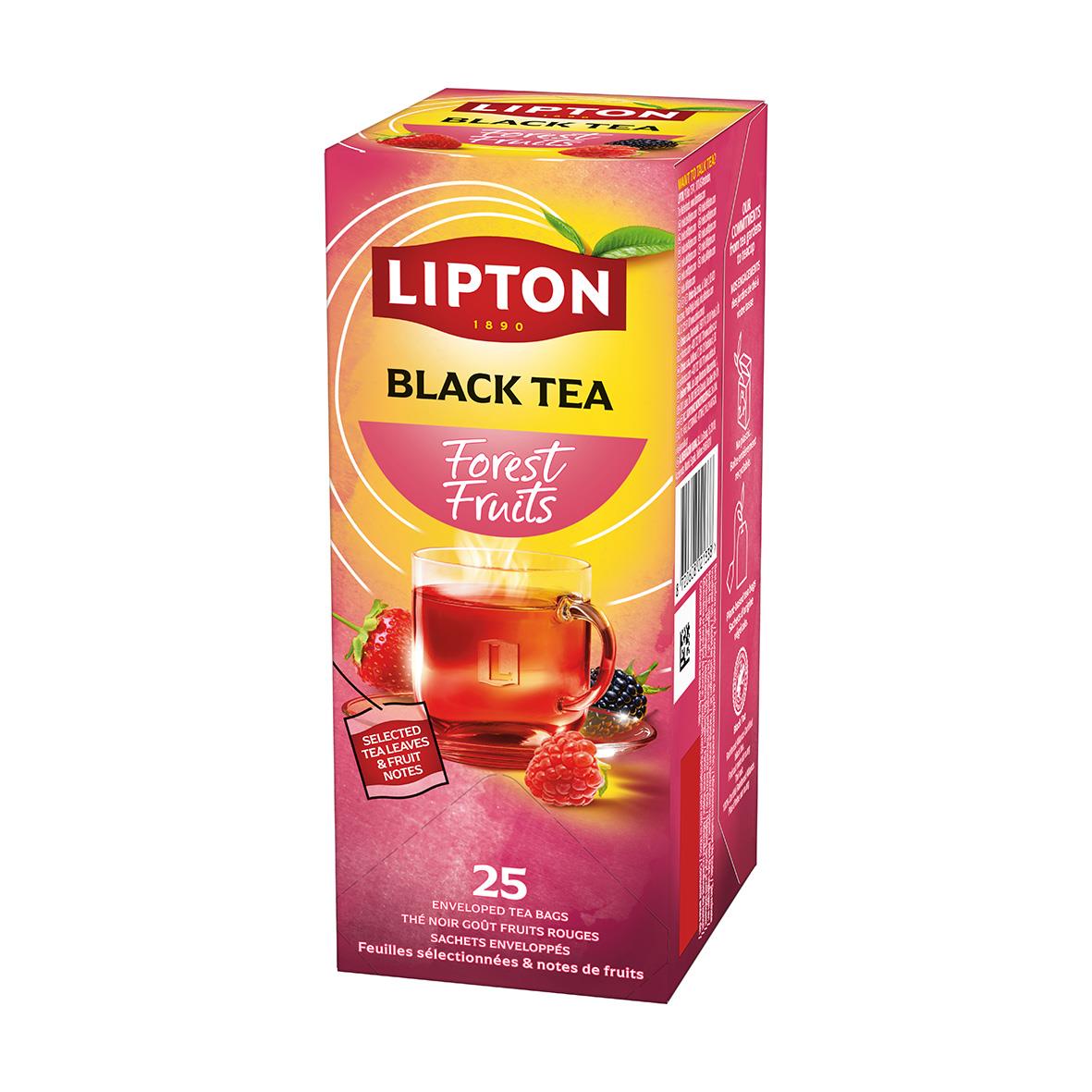 Lipton Forest Fruits te i rosa förpackning med bilder av bär och blad, innehåller 25 tepåsar, smaksatt svart te