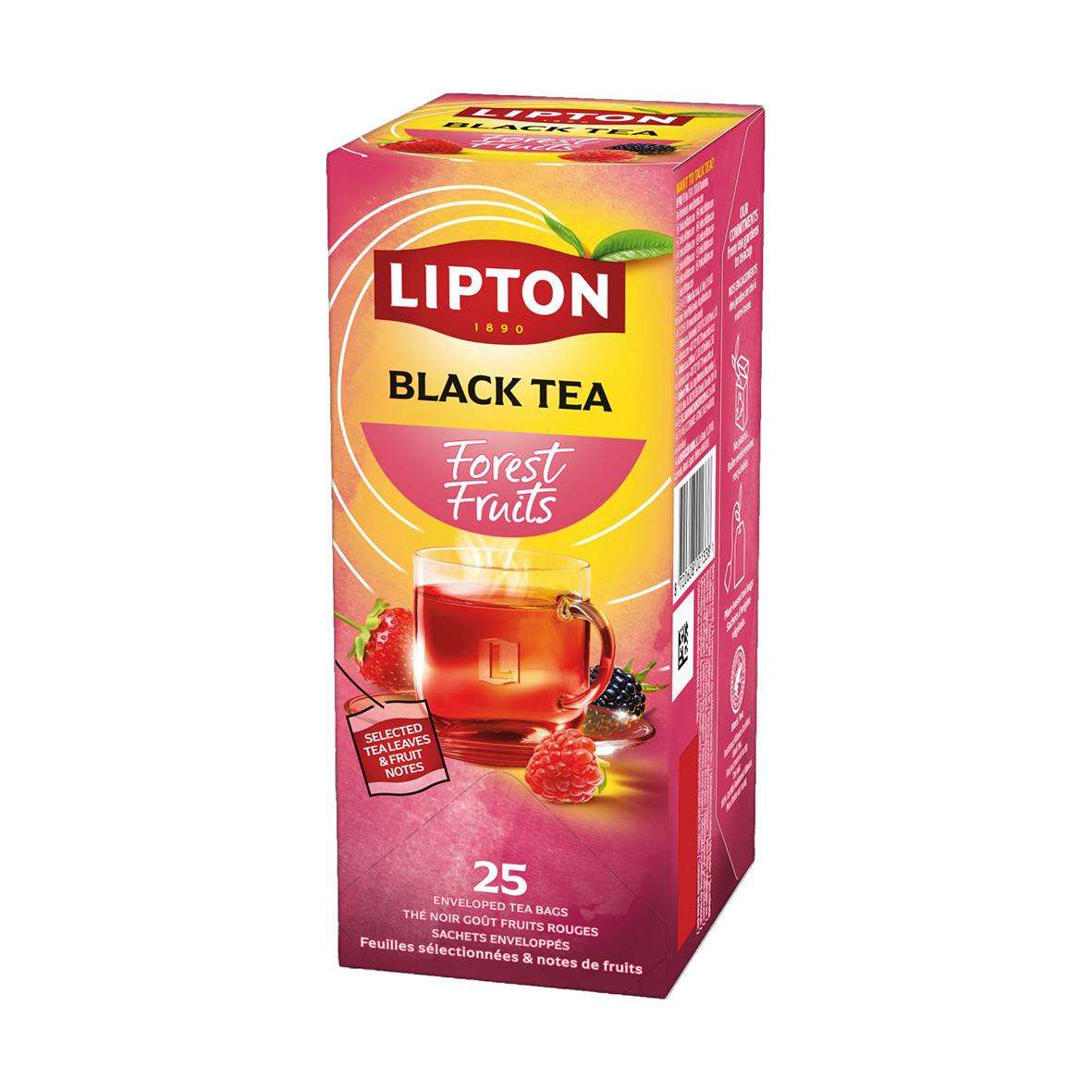 Lipton Forest Fruits te i rosa förpackning med bilder av bär och blad, innehåller 25 tepåsar, smaksatt svart te