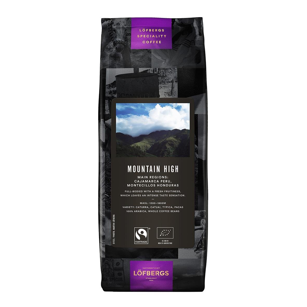 Kaffe Löfbergs Mountain High hela bönor 500g med bild av berg och moln på förpackningen