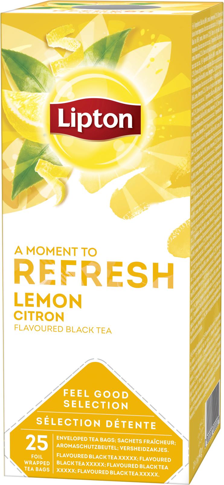 Lipton Lemon te i gul förpackning med citron- och tebladsgrafik, text om frisk lemon smak och 25 tepåsar