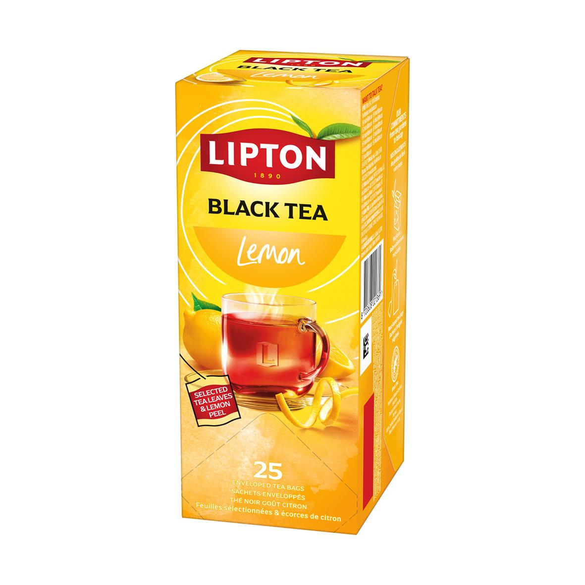 Lipton Lemon te i gul förpackning med citron- och tebladsgrafik, text om frisk lemon smak och 25 tepåsar