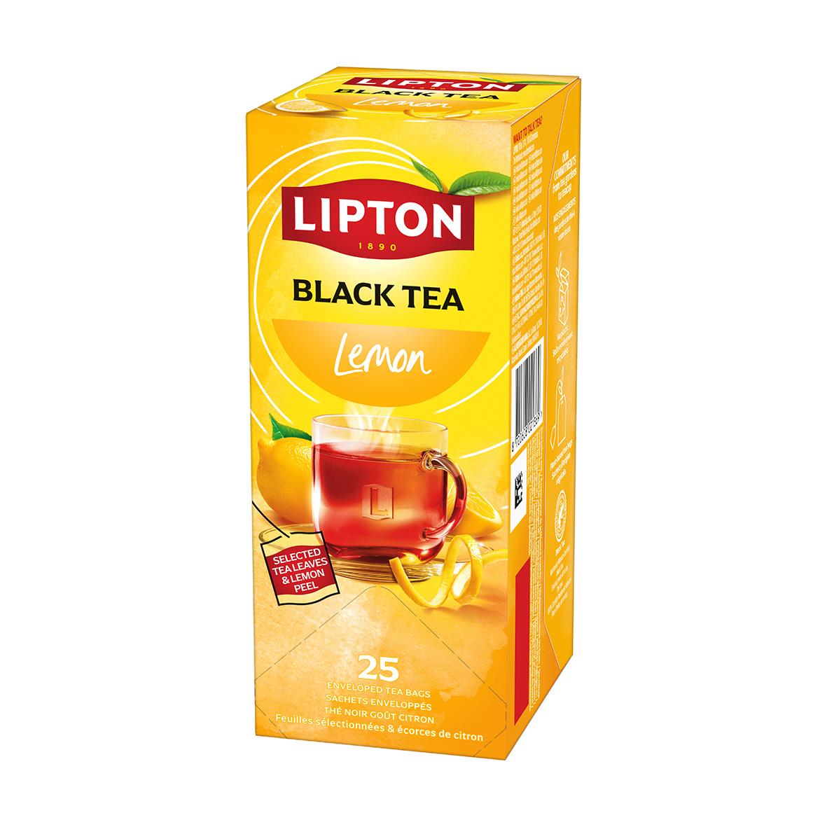 Lipton Lemon te i gul förpackning med citron- och tebladsgrafik, text om frisk lemon smak och 25 tepåsar