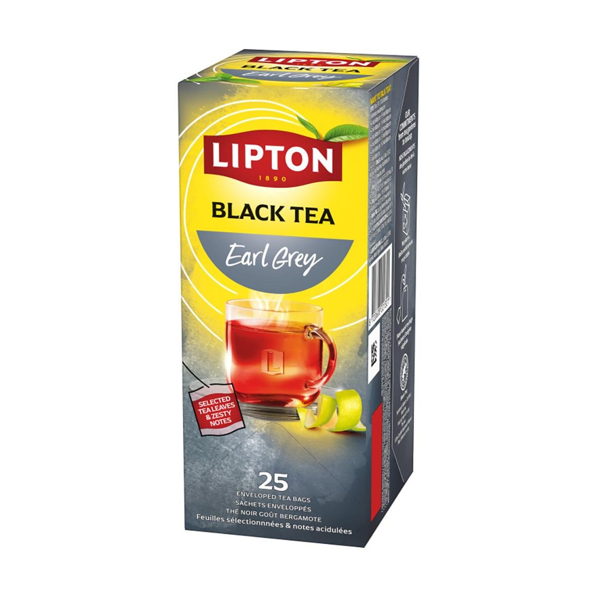 Te Lipton Earl Grey i blått och vitt förpackning med blommande citrus och teblad