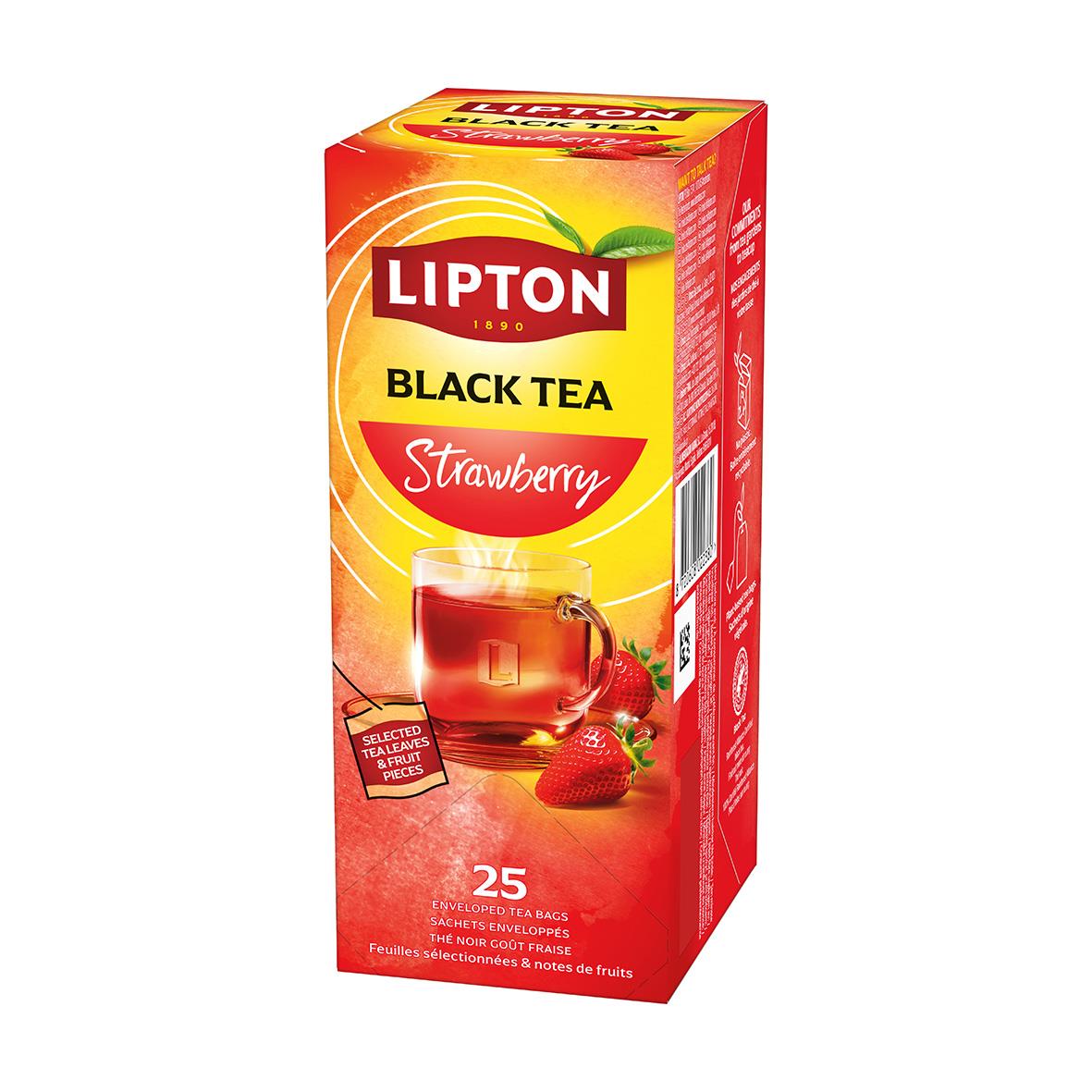 Lipton Strawberry te i röd förpackning med jordgubbar och gröna blad, text om friskhet och 25 tepåsar.