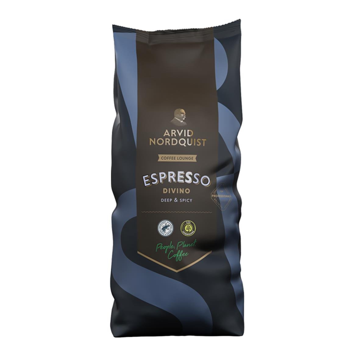 Kaffe Arvid Nordquist Divino Espresso hela bönor 1000g i svart och blå påse med guld- och gröna detaljer
