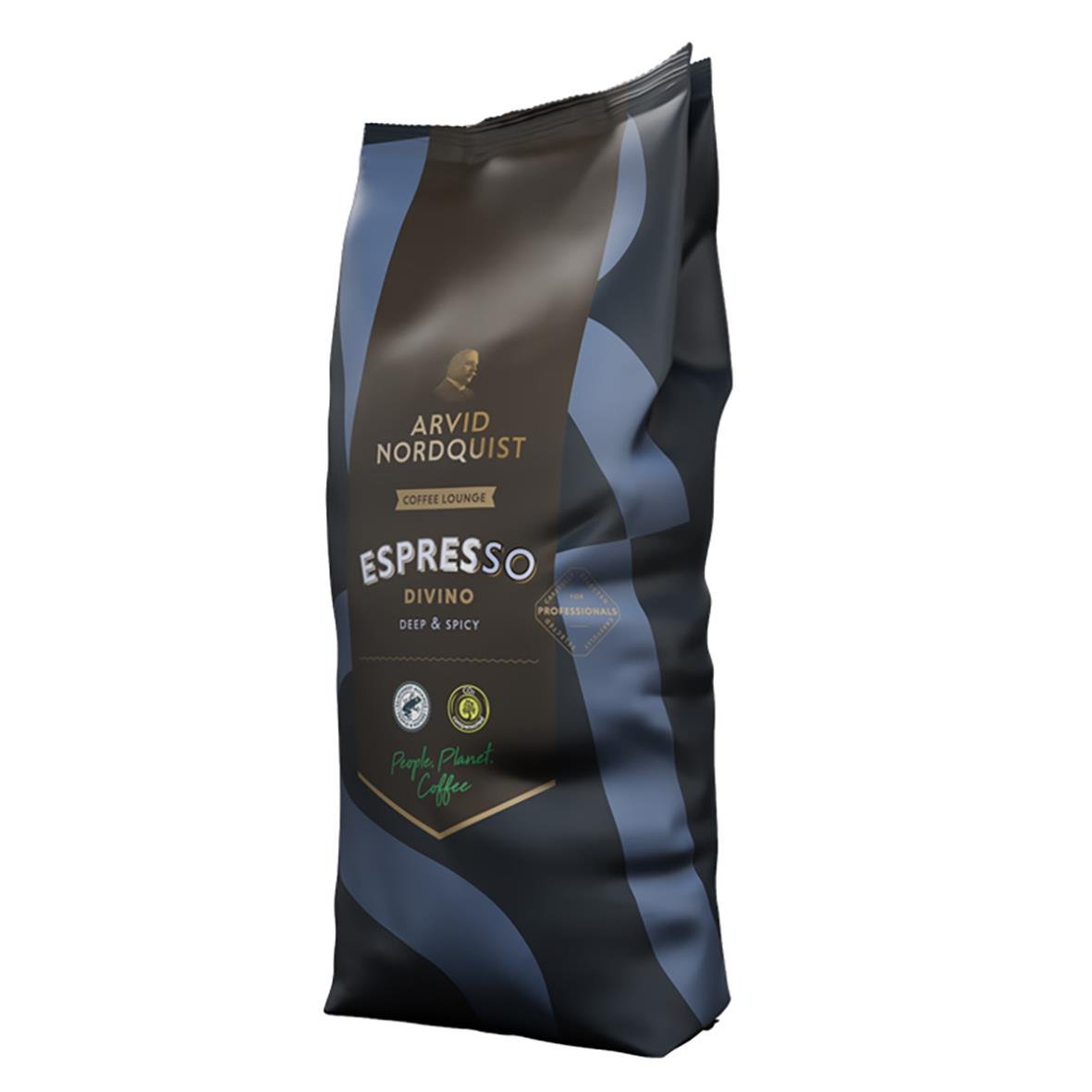 Kaffe Arvid Nordquist Divino Espresso hela bönor 1000g i svart och blått förpackning
