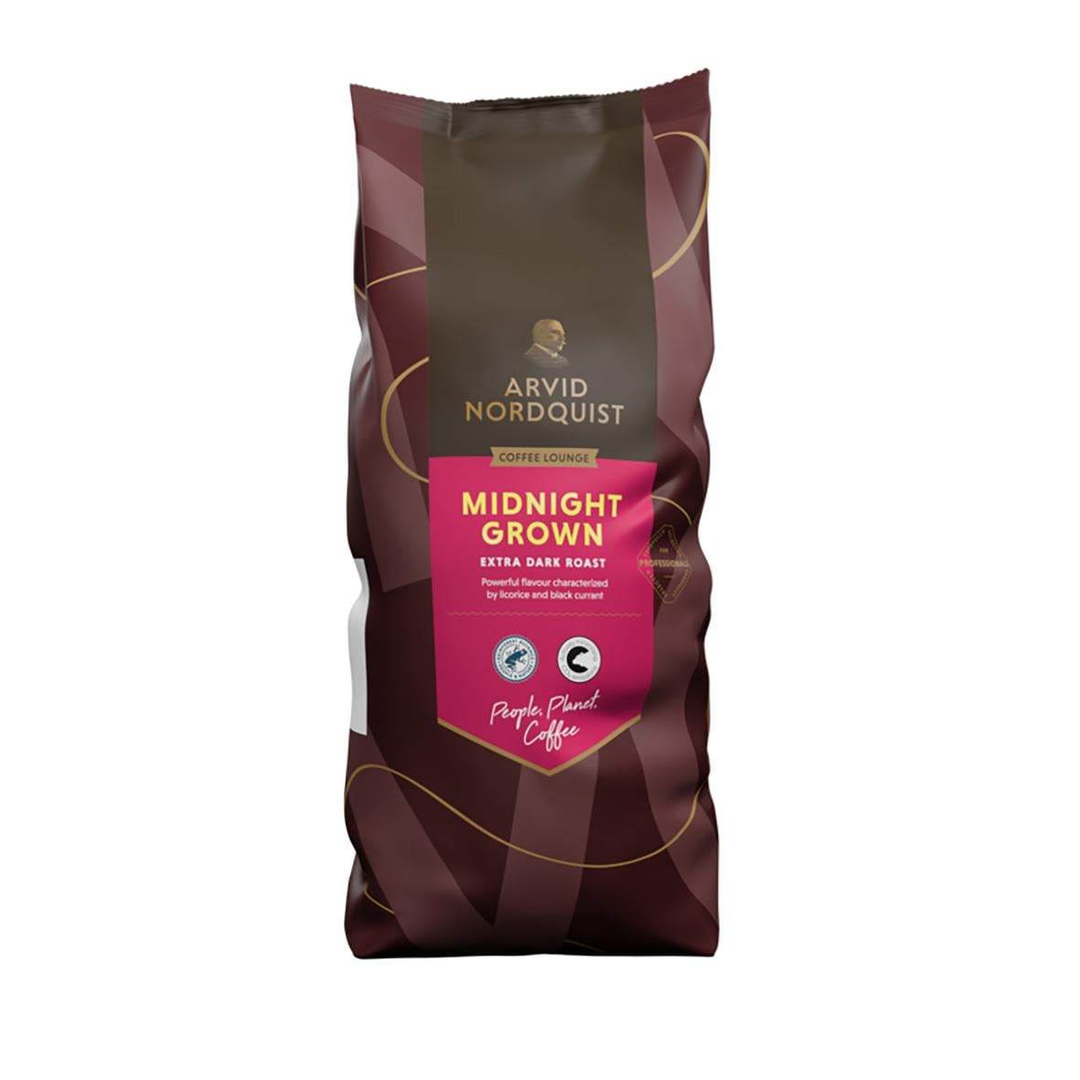 Kaffe Arvid Nordquist Midnight Grown hela bönor 1000g i mörk förpackning med rosa etikett