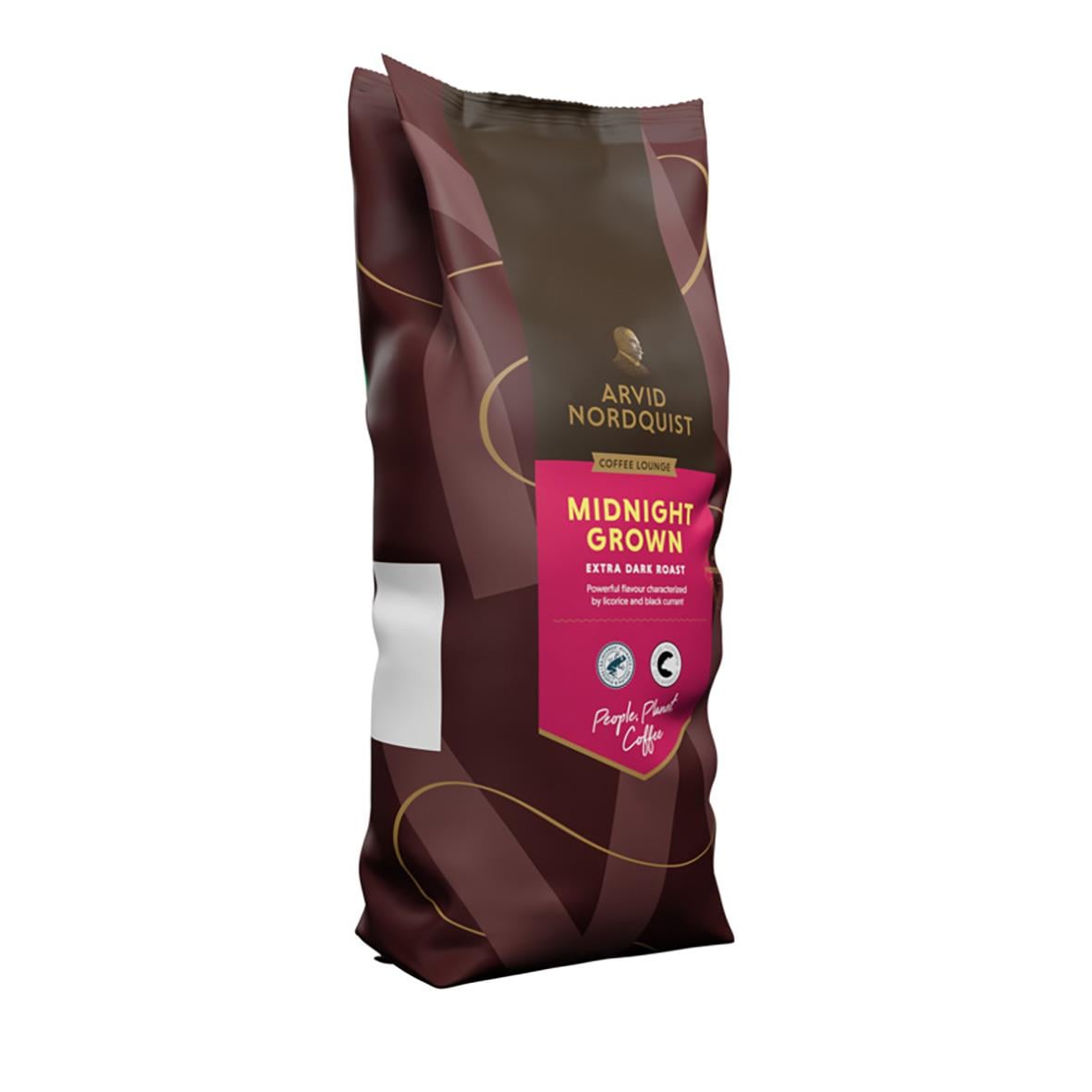 Kaffe Arvid Nordquist Midnight Grown hela bönor 1000g i mörkbrunt förpackning med rosa etikett