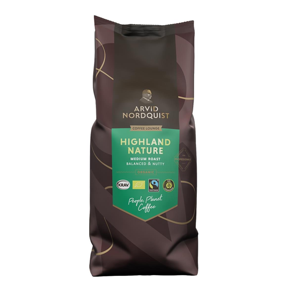 Kaffe Arvid Nordquist Highland Nature hela bönor 1000g i mörkbrunt påse med grönt etikett