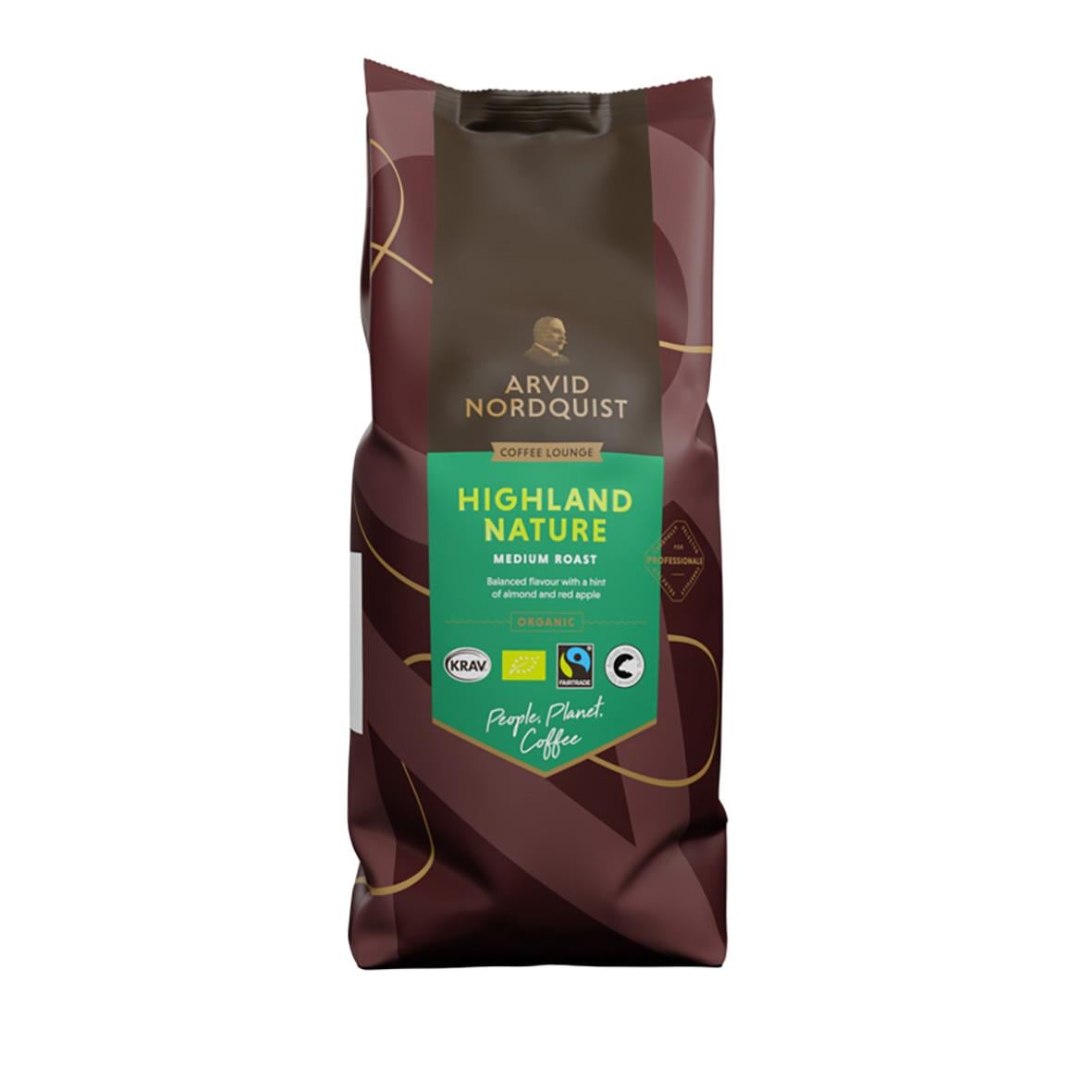 Kaffe Arvid Nordquist Highland Nature hela bönor 1000g i mörkbrunt påse med grönt etikett