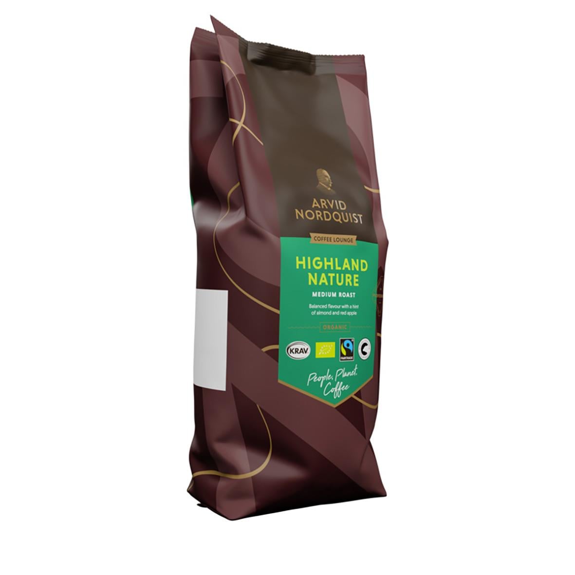 Kaffe Arvid Nordquist Highland Hela Bönor 1000g i svart påse med grönt och guld