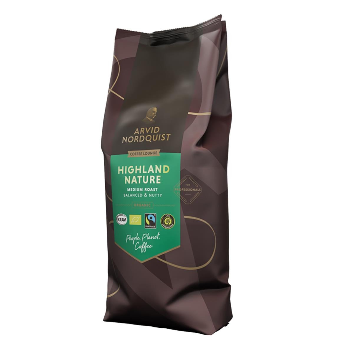 Kaffe Arvid Nordquist Highland Nature hela bönor 1000g i mörkbrunt förpackning