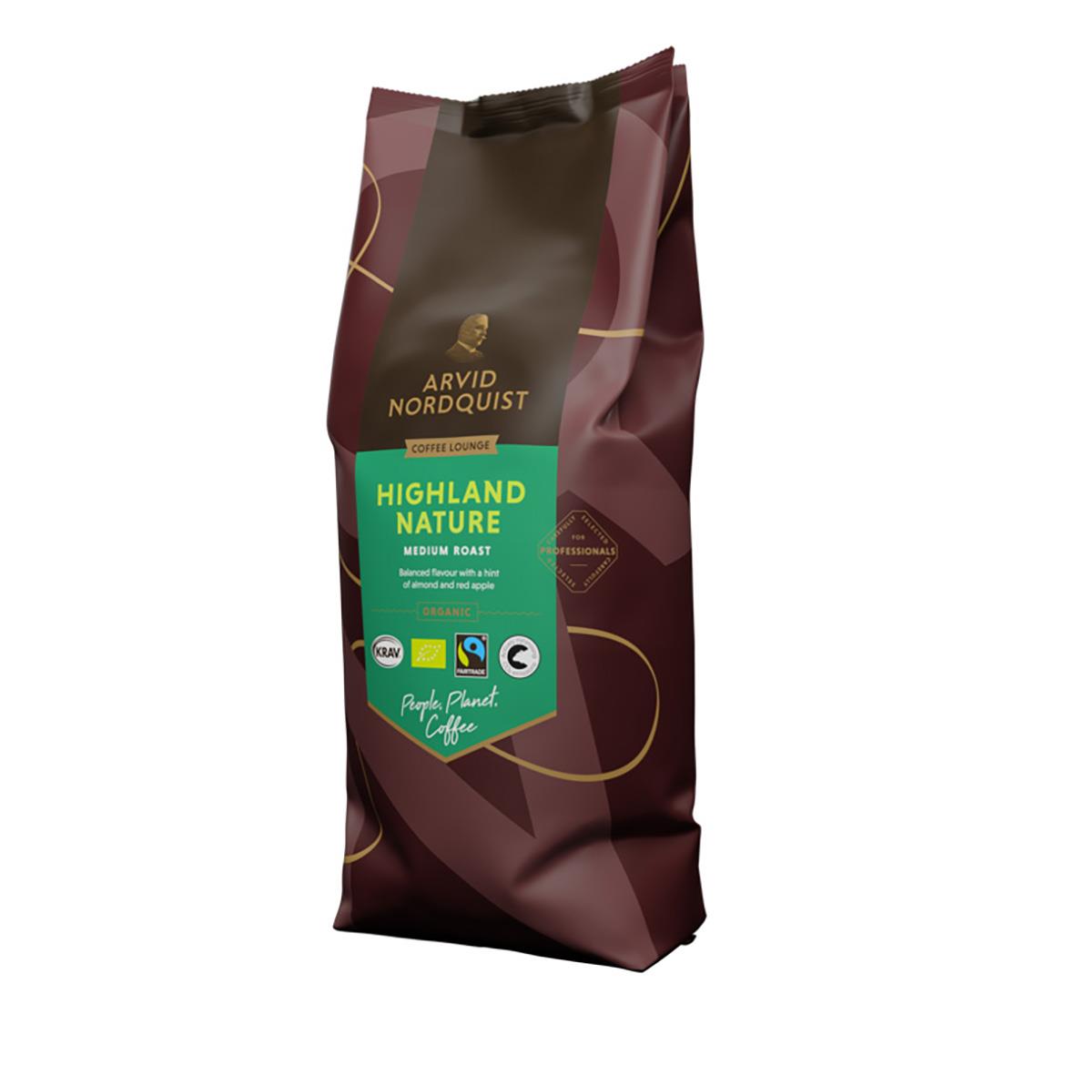 Kaffe Arvid Nordquist Highland Nature hela bönor 1000g i mörkbrunt förpackning