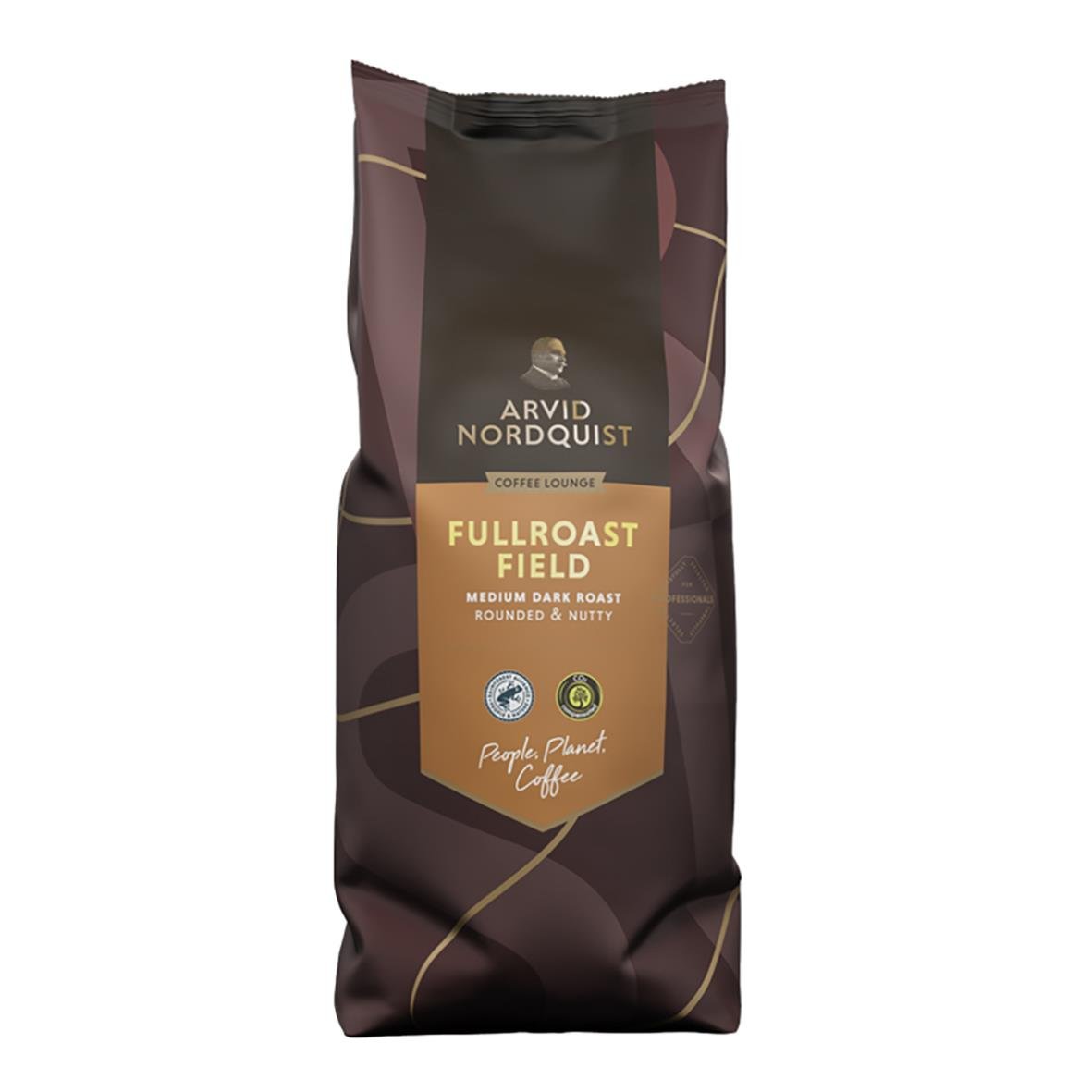 Kaffe Arvid Nordquist Fullroast Field automat 1000g i mörkbrunt påse med guld- och vit text