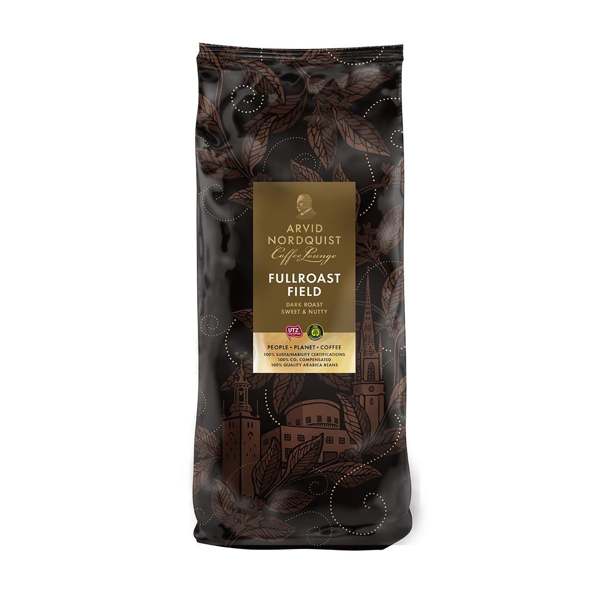 Kaffe Arvid Nordquist Fullroast Field automat 1000g i mörkbrunt påse med guld- och vit text