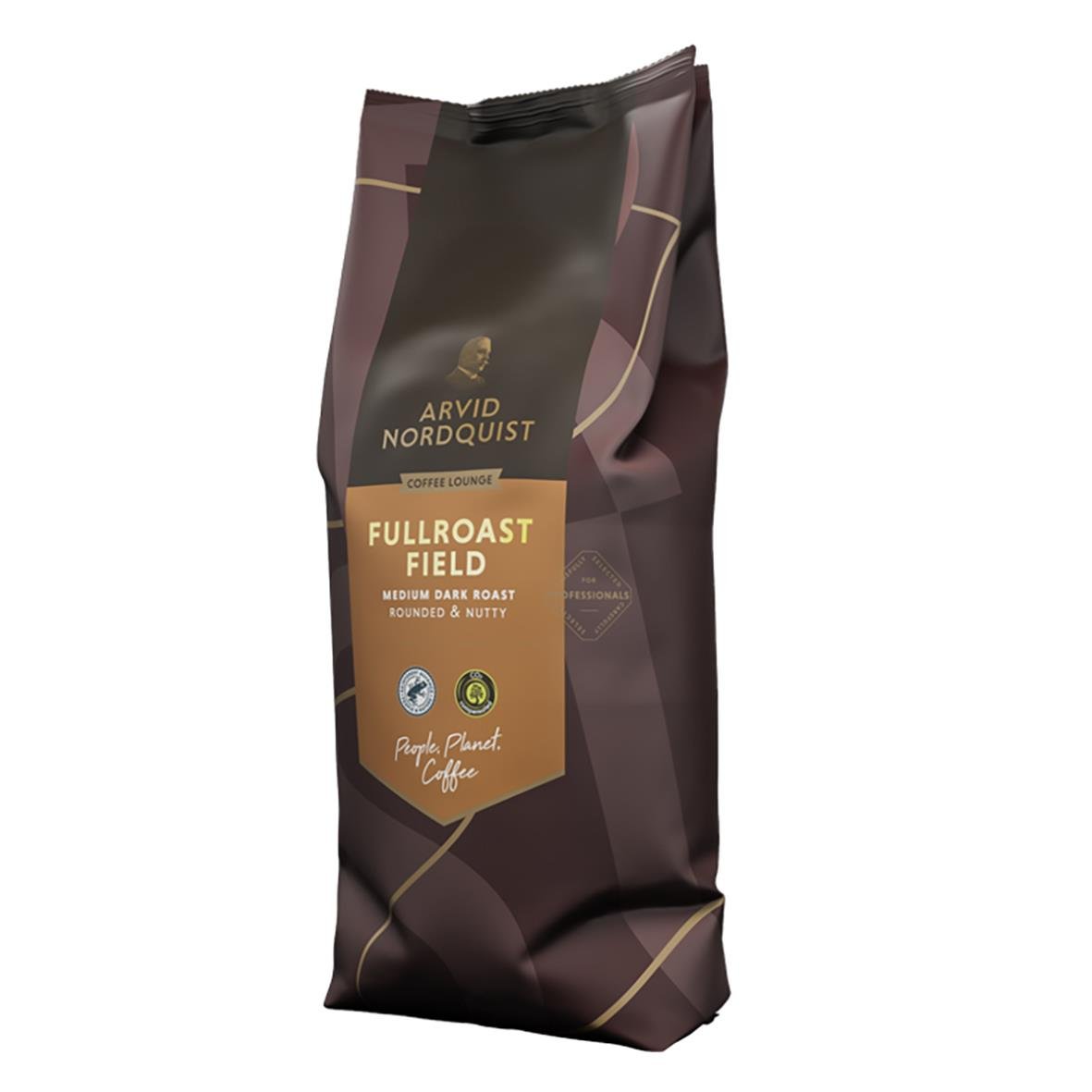 Kaffe Arvid Nordquist Fullroast Field automat 1000g i mörkbrunt förpackning med guldtext