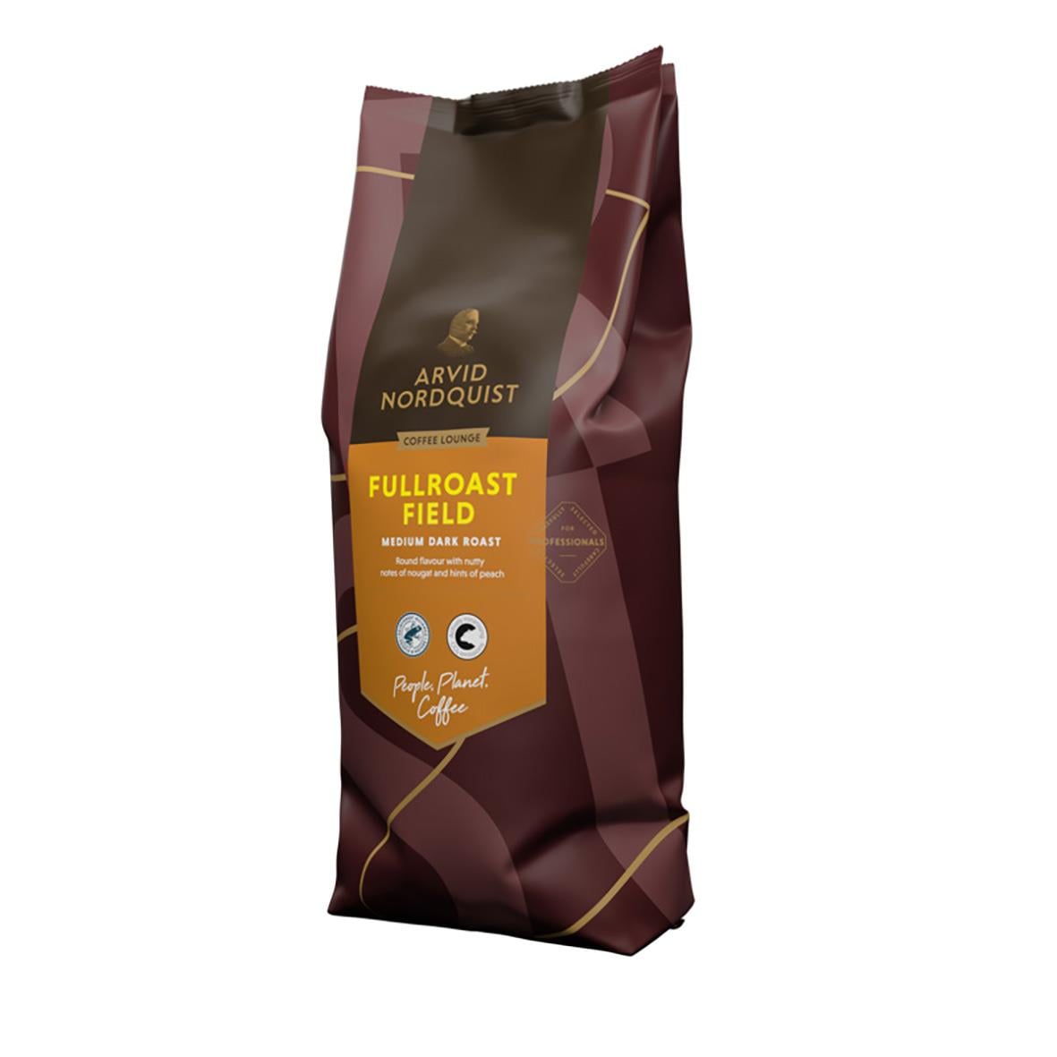 Kaffe Arvid Nordquist Fullroast Field hela bönor 1000g i mörkbrunt förpackning med guldtext