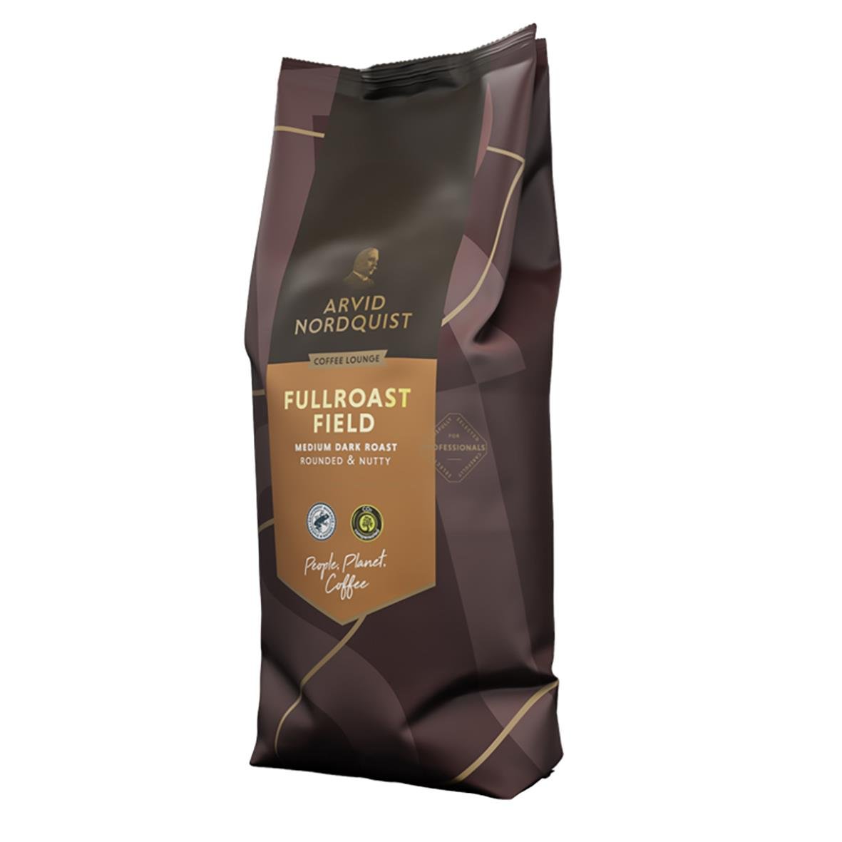 Kaffe Arvid Nordquist Fullroast Field hela bönor 1000g i mörkbrunt förpackning med guldtext