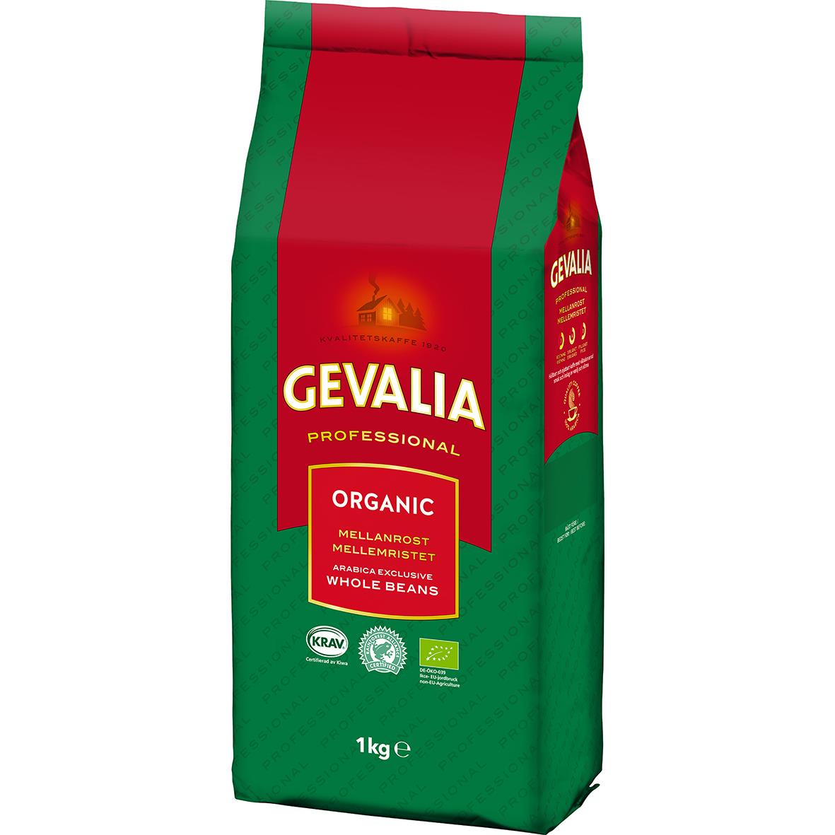 Förpackning av Gevalia Organic Mellanrost hela kaffebönor 1000g i grönt och rött paket