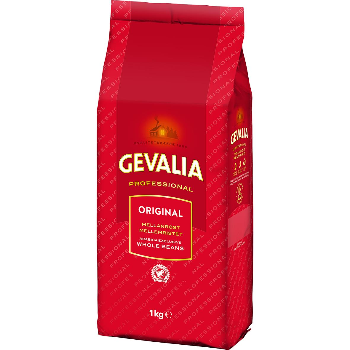Röd kaffepåse med Gevalia Original Mellanrost hela bönor 1kg, professionell kvalitet